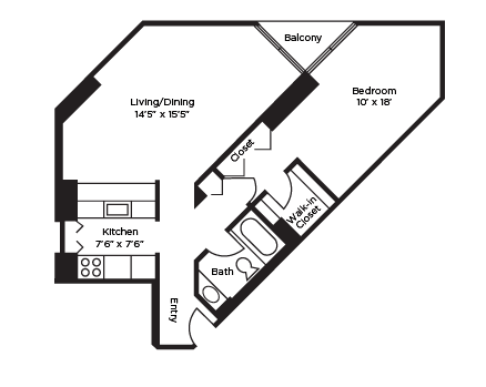 One Bedroom Floor Plan at Asbury Plaza, Chicago