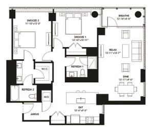 2 Bad 2 Bath Floor Plan with 1,305 Sq. Ft. at The Elle Apartments, Chicago, IL