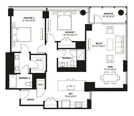 2 Bad 2 Bath Floor Plan with 1,305 Sq. Ft. at The Elle Apartments, Chicago, IL