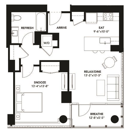 1 Bad 1 Bath Floor Plan with 775 Sq. Ft. at The Elle Apartments, Chicago, IL