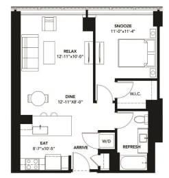 1 Bad 1 Bath Floor Plan with 731 Sq. Ft. at The Elle Apartments, Illinois, 60605