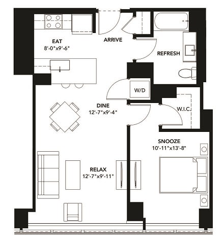 1 Bad 1 Bath Floor Plan with 742 Sq. Ft. at The Elle Apartments, Chicago, IL, 60605
