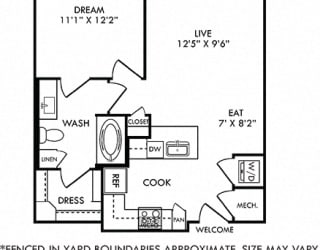 Aten with Fenced-in Yard 1 bedroom floor plan apartment. Kitchen with peninsula island. dining-living space. bathroom with walk-in closet. in-unit washer/dryer. Balcony.
