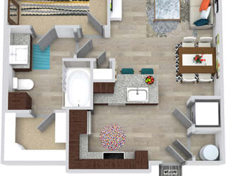 3D Aten 1 bedroom floor plan apartment. Kitchen with peninsula island. dining-living space. bathroom with walk-in closet. in-unit washer/dryer. Balcony.