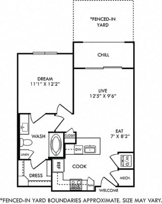 Aten with Fenced-in Yard 1 bedroom floor plan apartment. Kitchen with peninsula island. dining-living space. bathroom with walk-in closet. in-unit washer/dryer. Balcony.