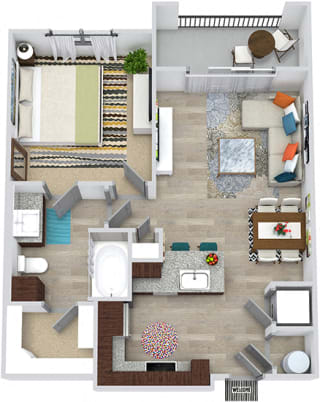 3D Aten 1 bedroom floor plan apartment. Kitchen with peninsula island. dining-living space. bathroom with walk-in closet. in-unit washer/dryer. Balcony.