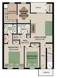 Tahoe floor plan at New Kent Apartments in West Chester, PA, offering two bedrooms, two bathrooms, and a charming porch for added outdoor space