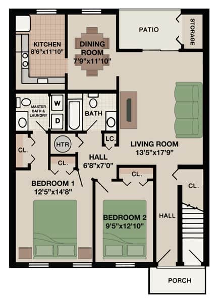 Tahoe floor plan at New Kent Apartments in West Chester, PA, offering two bedrooms, two bathrooms, and a charming porch for added outdoor space
