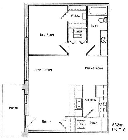 Gallagher one bedroom one bathroom floor plan at Villas of Omaha at Butler Ridge