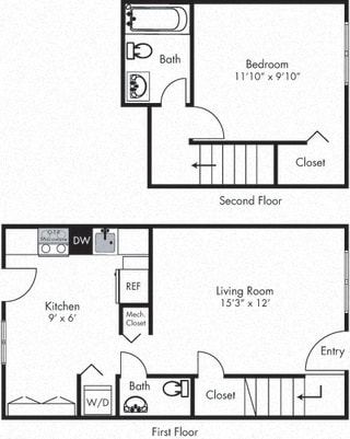 camelia 1 bedroom townhome. Eat-in kitchen, living, and half bath on first floor. bedroom and full bath on second floor.