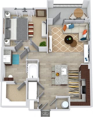 3D Hall 1 bedroom floor plan apartment. Entry closet, in-unit washer/dryer. Lshaped kitchen with island. living area. 1 bath with walk-in closet. balcony.