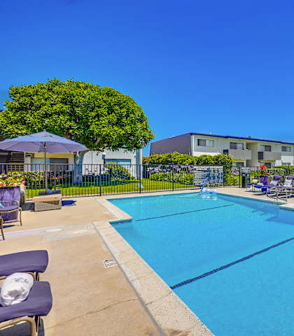 A large outdoor swimming pool with loungers and umbrellas.