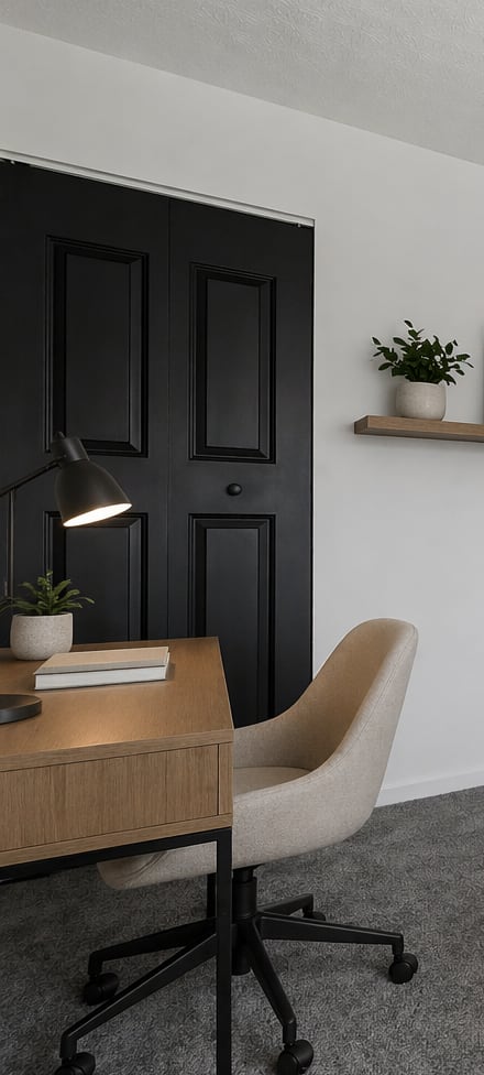 A hallway with a white door, a mirror, a lamp, and a plant on a wooden table.