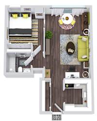 The Leigh 3D studio apartment with kitchen that opens into living and flex space. One Bathroom with standalone shower