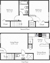 Bartlett 2 bedroom townhome. Living-dining-kitchen-half bath on first floor. Bedrooms and 1 full bath on second floor. in-unit laundry