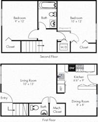 Dogwood two story floorplan with L shaped kitchen, dining room, half bath and living room on first floor. 2 bedroom and 1 bath on second floor