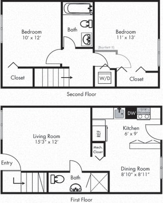 Bartlett 2 bedroom townhome. Living-dining-kitchen-half bath on first floor. Bedrooms and 1 full bath on second floor. in-unit laundry