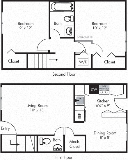 Dogwood two story floorplan with L shaped kitchen, dining room, half bath and living room on first floor. 2 bedroom and 1 bath on second floor