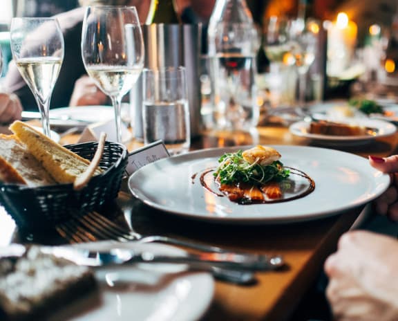a plate of food on a table at a restaurant
