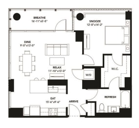 1 Bad 1 Bath Floor Plan with 867 Sq. Ft. at The Elle Apartments, Illinois