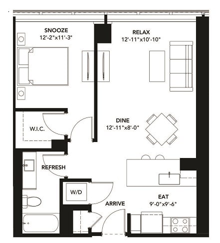 1 Bad 1 Bath Floor Plan with 719 Sq. Ft. at The Elle Apartments, Chicago, Illinois