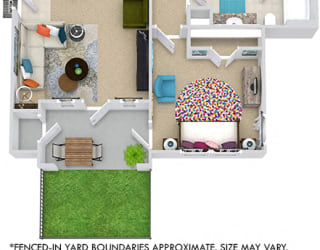 The Torino with Fenced-in Yard 3D. 2 bedroom apartment. Kitchen with bartop open to living/dining rooms. 1 full bathroom. Walk-in closet. Patio/balcony open to yard.
