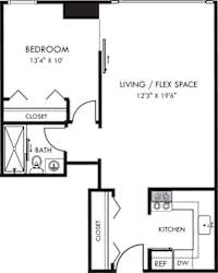 the Libbie 1 bedroom floor plan, with kitchen, living-dining space, expanded closets, and bath with standalone shower.