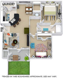 The Torino with Fenced-in Yard 3D. 2 bedroom apartment. Kitchen with bartop open to living/dining rooms. 1 full bathroom. Walk-in closet. Patio/balcony open to yard.