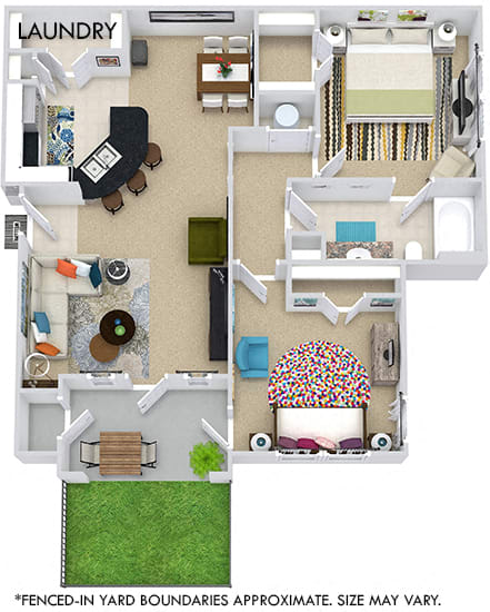 The Torino with Fenced-in Yard 3D. 2 bedroom apartment. Kitchen with bartop open to living/dining rooms. 1 full bathroom. Walk-in closet. Patio/balcony open to yard.
