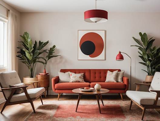 A living room with a red couch, wooden chairs, and a red and black abstract painting on the wall.