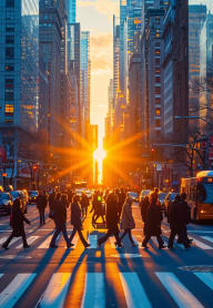 a group of people crossing a busy city street at sunset