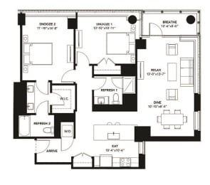 2 Bad 2 Bath Floor Plan with 1,301 Sq. Ft. at The Elle Apartments, Chicago, IL, 60605
