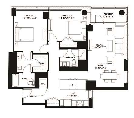 2 Bad 2 Bath Floor Plan with 1,301 Sq. Ft. at The Elle Apartments, Chicago, IL, 60605