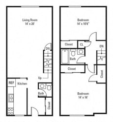 Floor Plan 2 Bedroom, 1.5 Bath Townhome 933 sq. ft.