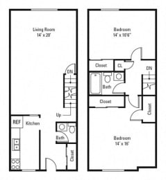933 Sq-Ft 2 bed 1 bath floor plan B at Highview Manor Apartments, Fairport, New York