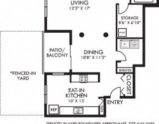 Stonebrook + Fenced-in Yard. 1 bedroom apartment. Kitchen closed off. 1 full bathroom with double vanity. Extra storage room. Walk-in closet in bedroom. Patio/balcony open to yard.