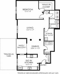 Stonebrook + Fenced-in Yard. 1 bedroom apartment. Kitchen closed off. 1 full bathroom with double vanity. Extra storage room. Walk-in closet in bedroom. Patio/balcony open to yard.