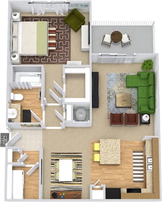 Hawksbill 3D. 1 bedroom apartment. Kitchen with island open to living/dinning rooms. 1 full bathroom. Walk-in closet. Patio/balcony.