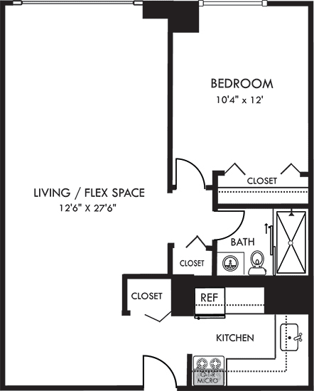 The Hermitage apartment 1 bedroom floorplan with kitchen, dining room-living space and 1 bathroom