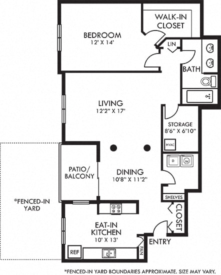 Stonebrook + Fenced-in Yard. 1 bedroom apartment. Kitchen closed off. 1 full bathroom with double vanity. Extra storage room. Walk-in closet in bedroom. Patio/balcony open to yard.