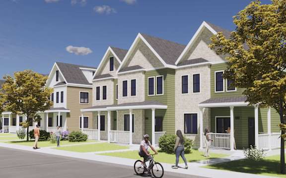 Architects rendered drawing of a quaint townhouse lined street.