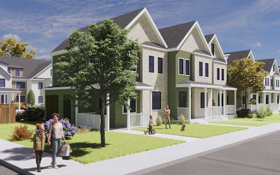 Architects rendered drawing of a quaint townhouse lined street.