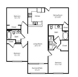 A black and white image of a floor plan for a three bedroom, two bath, 1222 - 1288 sq.ft. house.