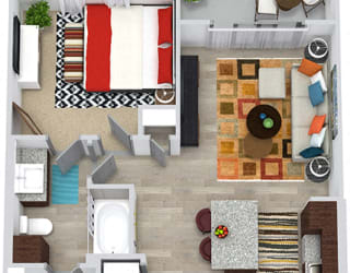3D Hamer 1 Bedroom apartment floorplan. in-unit stacked washer/dryer, Lshaped kitchen with island open to Living area. hallway closet, 1 bathroom with linen cabinet and walk-in closet. Balcony.