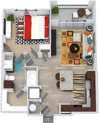 Hamer 3D 3D Hamer 1 Bedroom apartment floorplan. in-unit stacked washer/dryer, Lshaped kitchen with island open to Living area. hallway closet, 1 bathroom with linen cabinet and walk-in closet. Balcony.