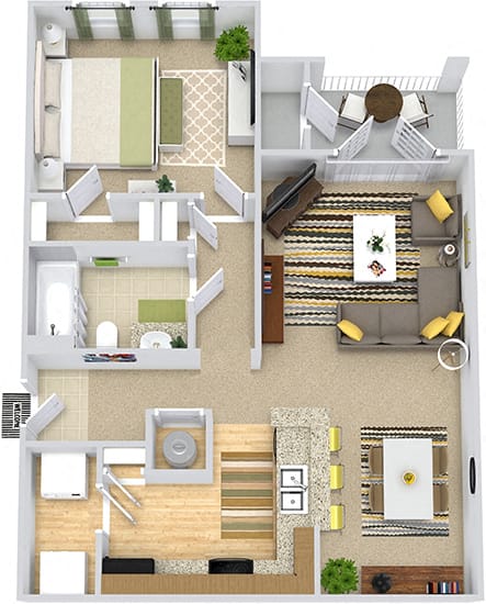 Crabtree 3D. 1 bedroom apartment. Kitchen with bartop open to living/dinning rooms. 1 full bathroom. Walk-in closet. Patio/balcony.