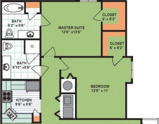 Floor Plan Two Bedroom Two Bath (1,310 Square Feet)