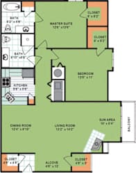 Floor Plan Two Bedroom Two Bath (1,310 Square Feet)