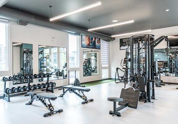 A gym with a variety of equipment including weights and benches.