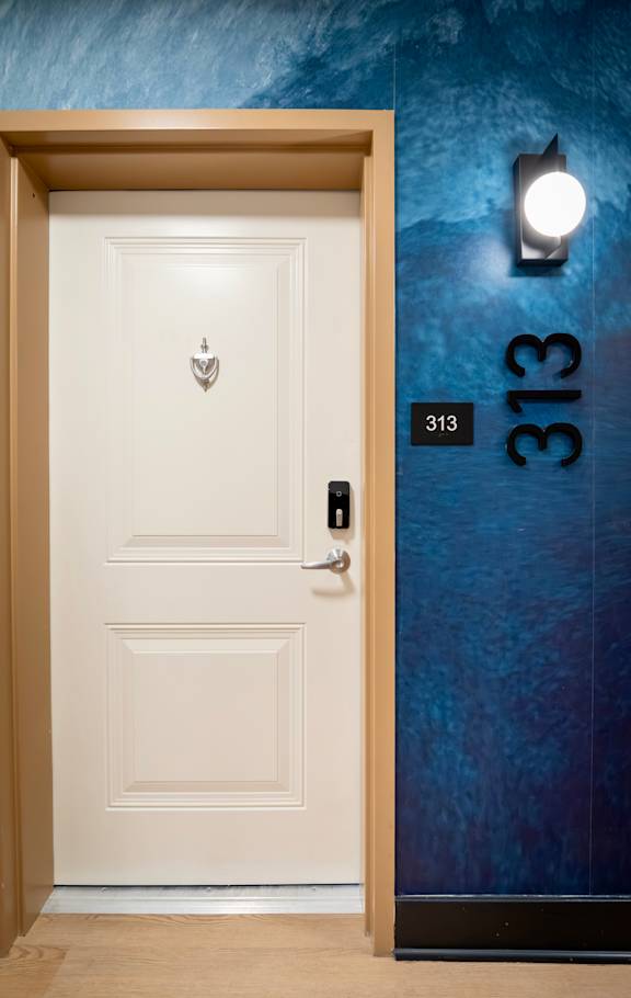 A white door with a number 313 on the wall behind it.
